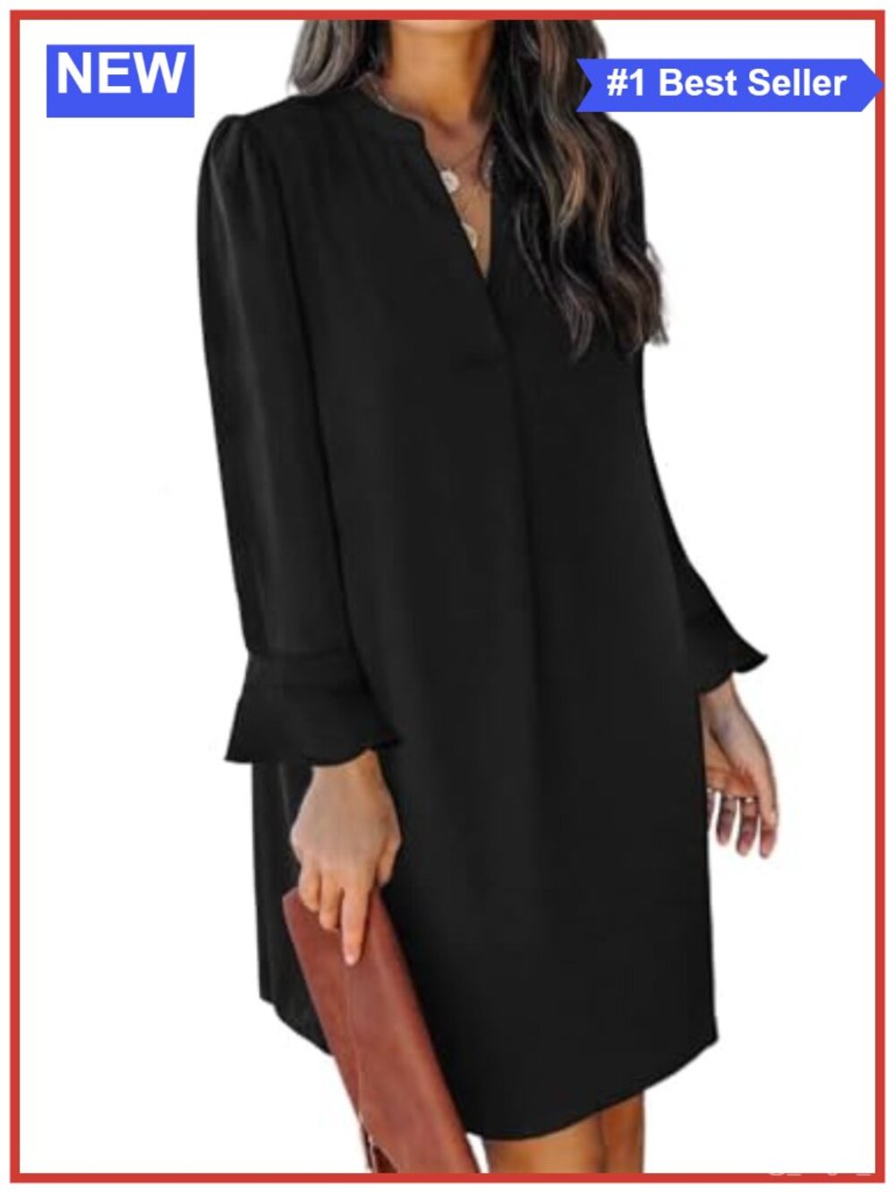 Ruffle Sleeve V Neck Shift Dress Long Sleeve Knee Length Casual